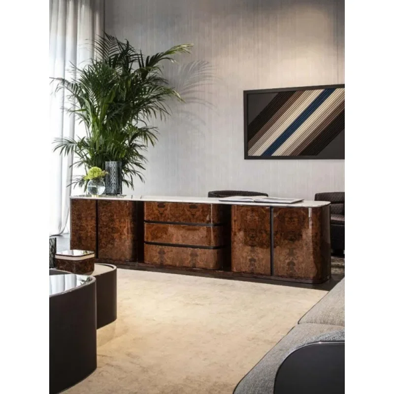 Light luxury marble sideboard Walnut lacquered TV cabinet