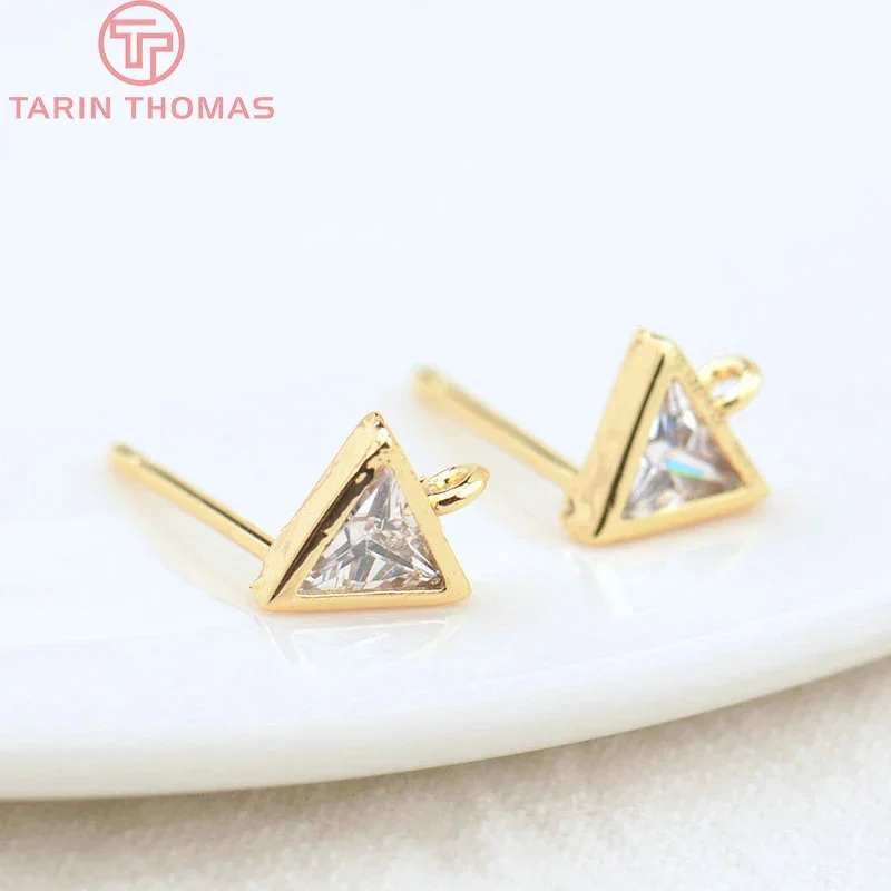 

(2231)6PCS 5.5x6.5MM 24K Gold Color Brass with Zircon Triangle Stud Earrings Earring Clip High Quality DIYJewelry Making Finding