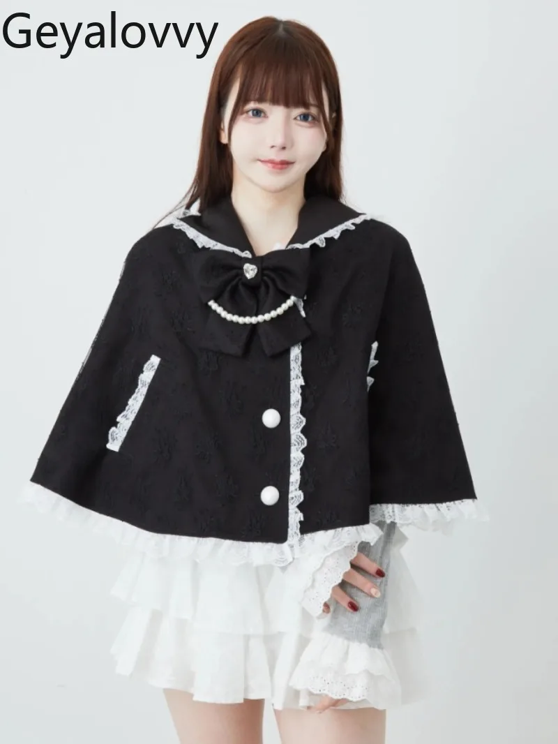 เสื้อคลุมสั้นสไตล์ญี่ปุ่นแบบอเนกประสงค์ ผลิตจำนวนมาก ปกเสื้อแบบปกเชิ้ต ติดกระดุมแถวเดียว ดีไซน์หวานน่ารัก ขอบลูกไม้