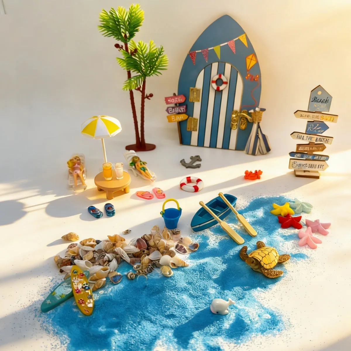 1:12 Dollhouse Miniature Beach Accessories Set Seaside Scene Kit with Chair Umbrella Boat Starfish for Fairy Garden Decoration