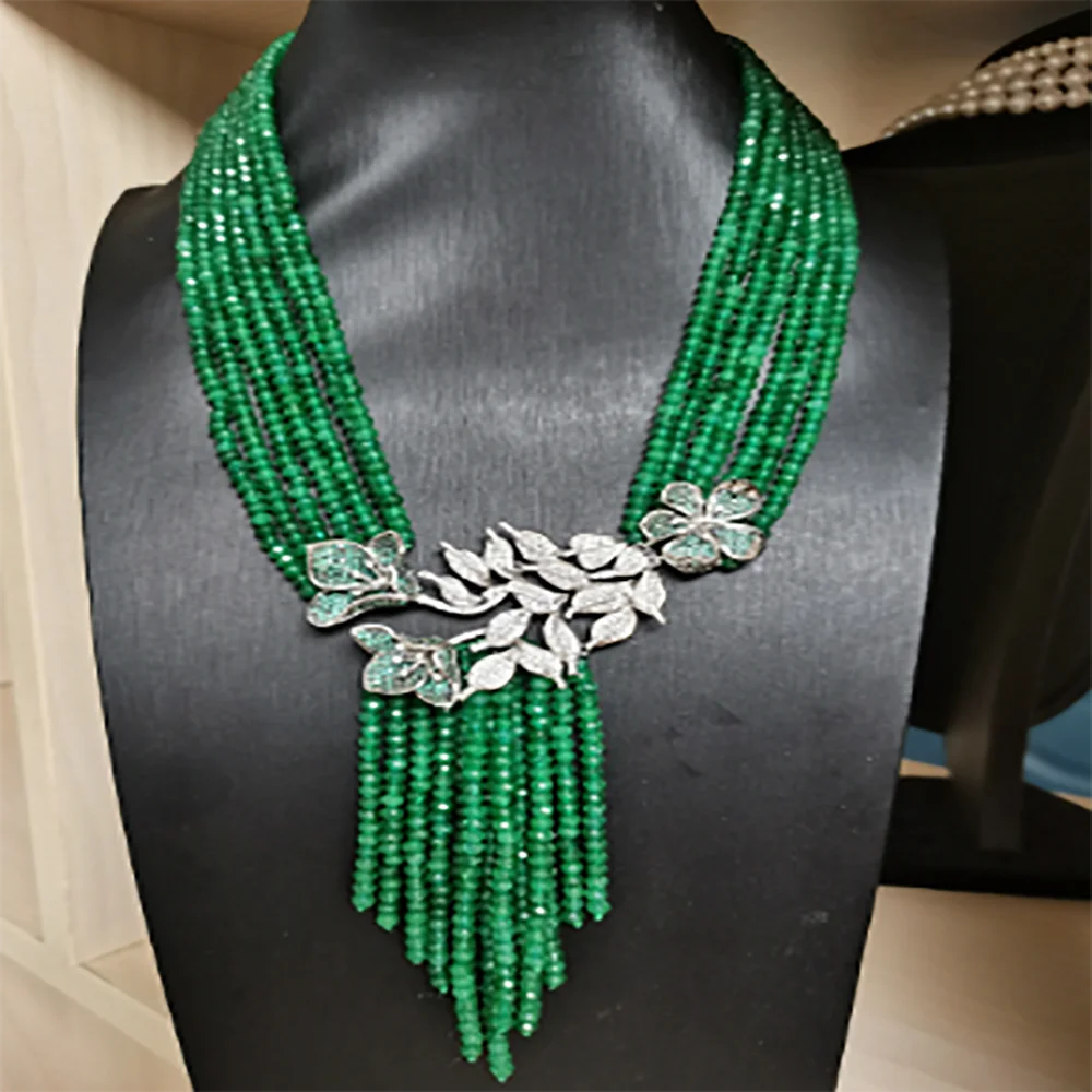 

New style 7strands red green stone tassels necklace micro inlay zircon leaf accessorie 45-52cm fashion jewelry