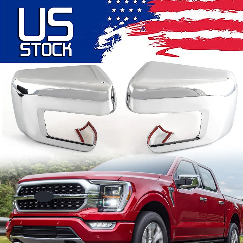 1 Pair Rearview Mirror Cover Housing For Ford F-150 2021-2024 Side Wing Mirror Cap Self-adhesive Chrome With Turn Signal Hole