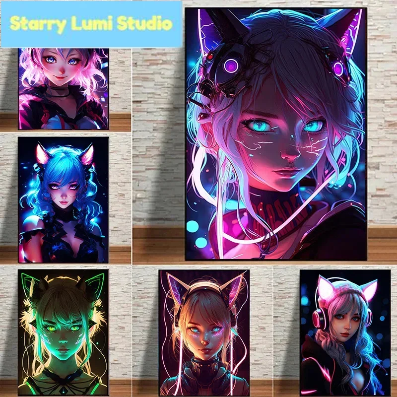 Neon Anime Cat Girl Posters And Prints Diamond Painting Beautiful Girl Manga Wall Art Pictures Home Game Room Decoration Cuadro