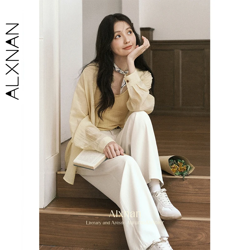 ALXNAN Women's Pants Straight Wide-leg Office Lady Baggy Pants Autumn Light Apricot Lace-paneled Waist Casual Trousers L56771