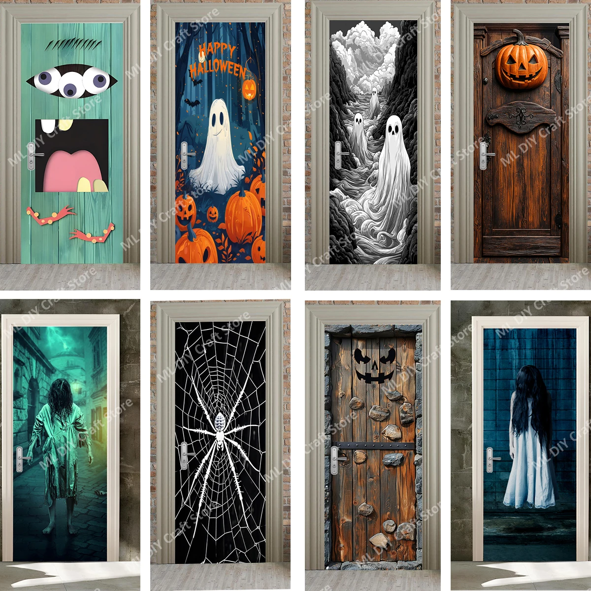 

Halloween Pumpkin Lantern Door Stickers Horror Night Door Mural Sticker Mysterious Castle Decal Wallpaper Home Living Room Decor