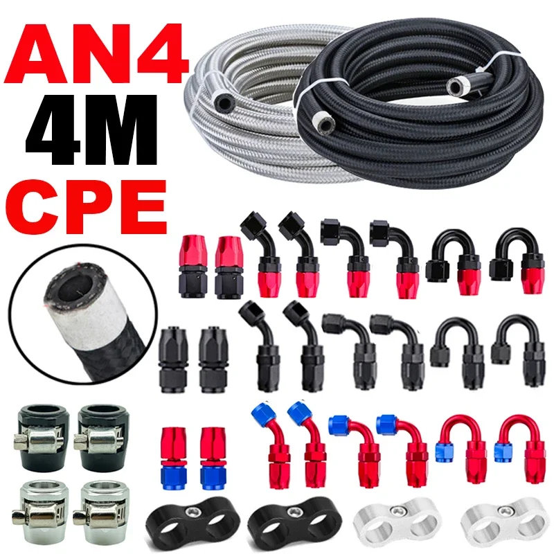 

4M/13FT AN4 4AN Fuel Hose Oil Gas Cooler Line Brake Pipe Radiator Tube Nylon Stainless Steel CPE Rubber Hose End Fittings Clamp