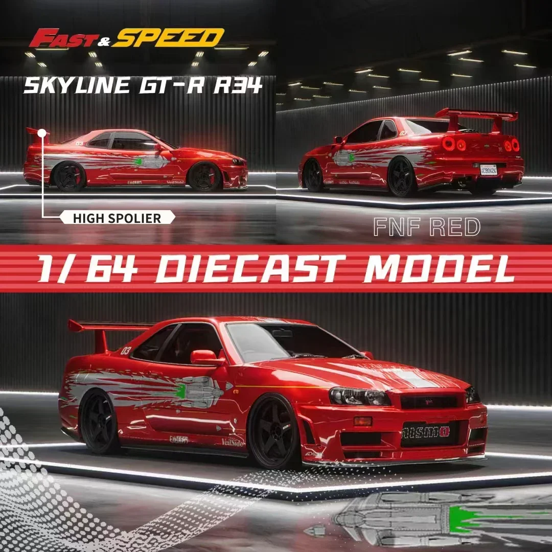 

In Stock 1:64 Fast Speed Skyline GTR R34 FNF Red Diecast Diorama Car Model Collection Miniature Toys FS