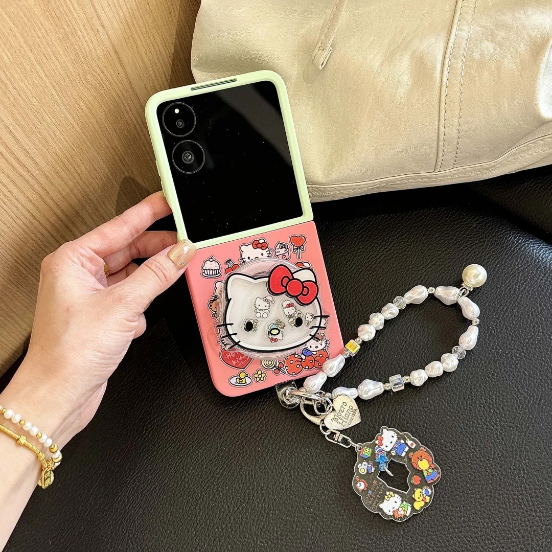 日本韓国風のかわいいハローキティケース、Samsung Galaxy Z Flip 3 4 5 6 7 FE用、耐衝撃、Magsafe対応、磁気ワイヤレス充電カバー