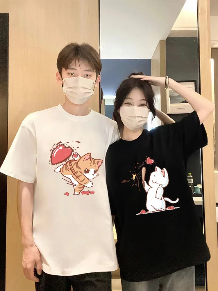 Interesting Cat Love Print T-shirts for Couple Matching Stuff Men Women Casual Loose Short Sleeve Tshirt Top Women Clothes