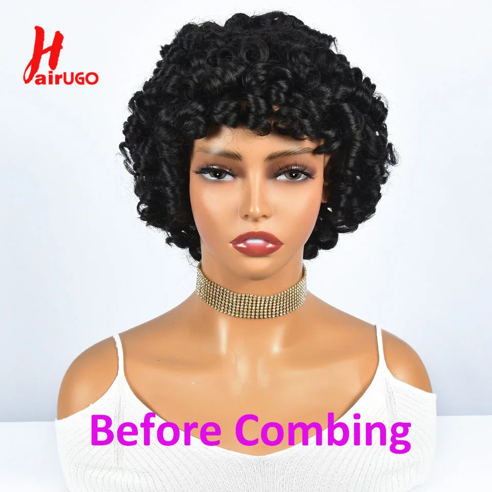 Highlight Lockige Pixie-Cut-Perücken aus Echthaar, Kleberlose Perücken mit Pony, Vollständig maschinell gefertigte Perücken mit Pony, Echthaarperücken Hairugo – Detail 15
