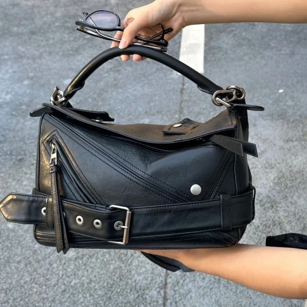 

Y2K Retro Punk Moto Style Tote Bag Rivet Splicing Design Luxury Fashion Handbag PU Leather Large Capacity Women Crossbody Bag