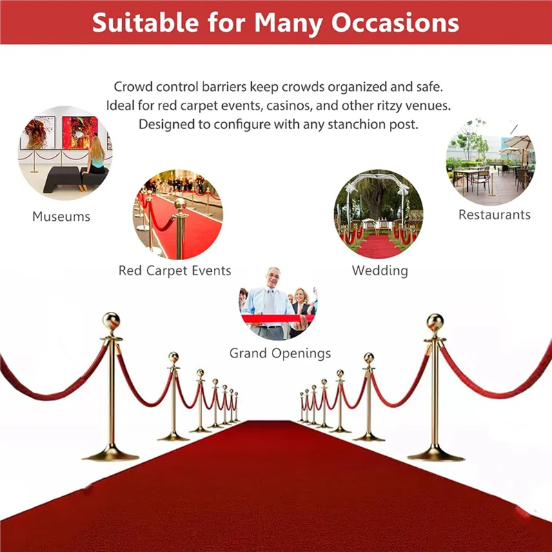A69E4 Pack Velvet Stanchion Rope With Gold Hooks, Crowd Control Rope Safety Barrier Red Carpet Decoration, 5 Feet Red
