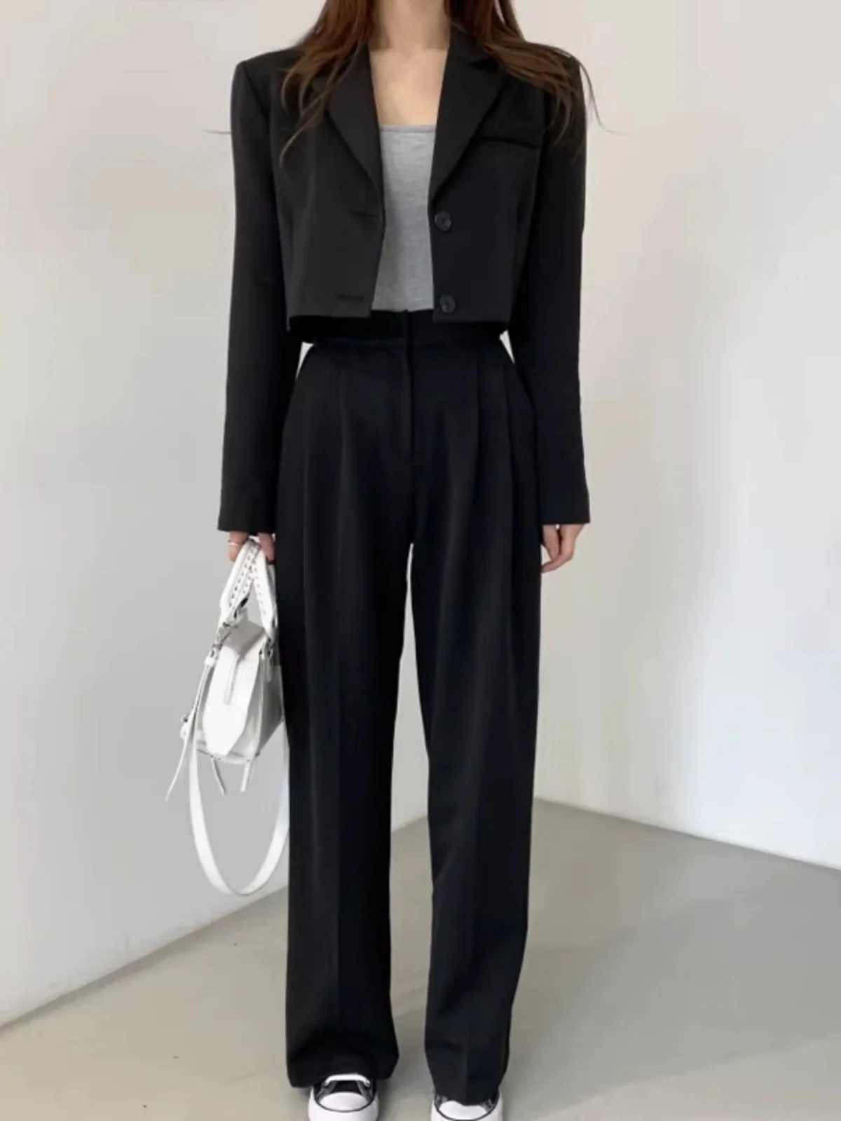 Fashionable Black Suit Set for Women Spring New Style Loose Casual Long Pants Chic Top Quality Material Age 18-25 Years Old