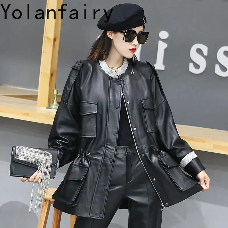 Genuine Sheepskin Leather Jacket Women Loose Leather Jackets for Women 2024 Real Leather Coat Mid-length Coats Korean Streetwear