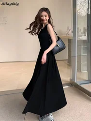Sleeveless Midi Dress Women Retro Chic Summer Ins Holiday Party Slim Pure Black A-line Sundress Vestido Feminino Vintage Street