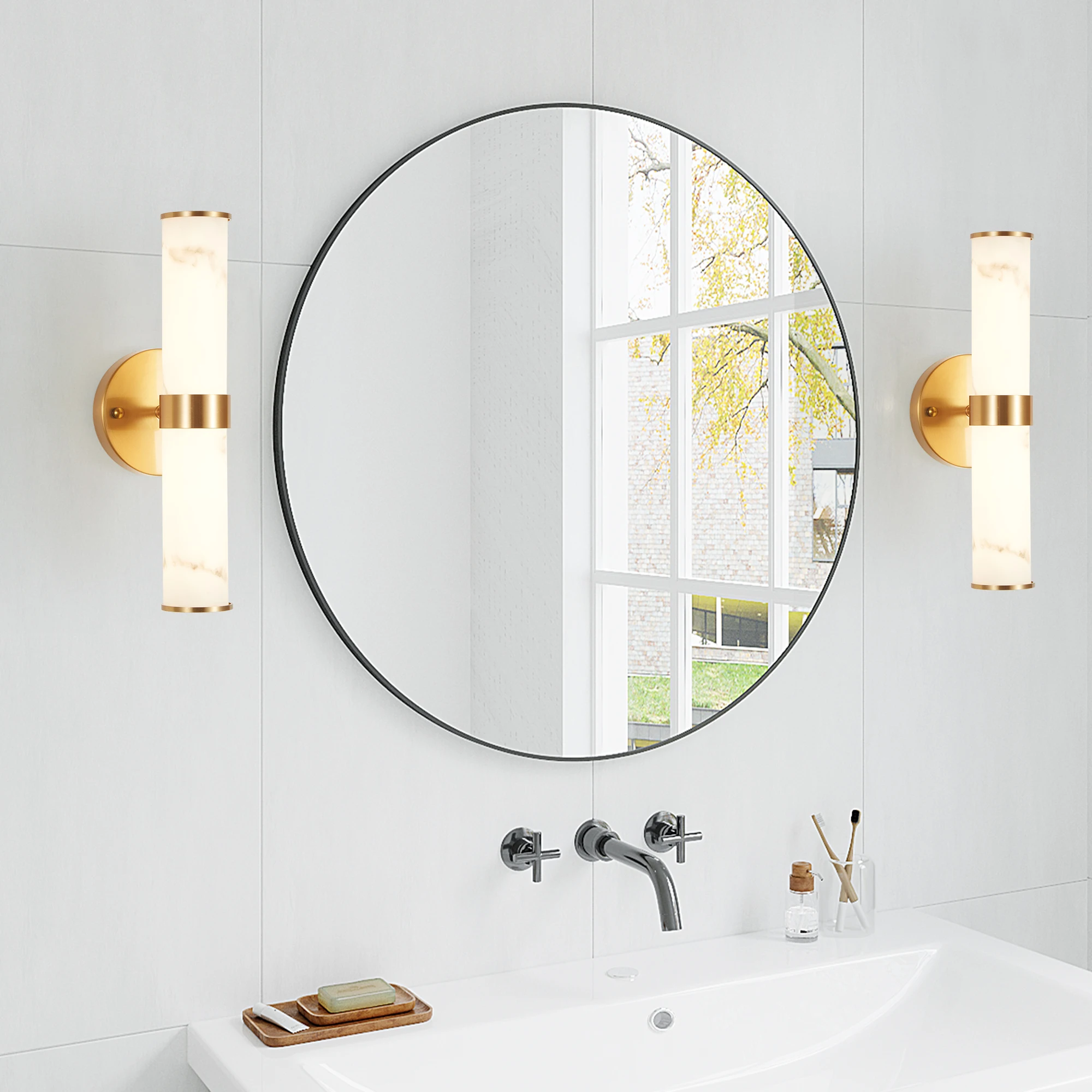 مصباح حائط مصنوع من الرخام المقلد من الراتنج مع إطار أسود/كروم/ذهبي، مجموعة من 2، تركيبات إضاءة أنيقة (داخلية فقط)