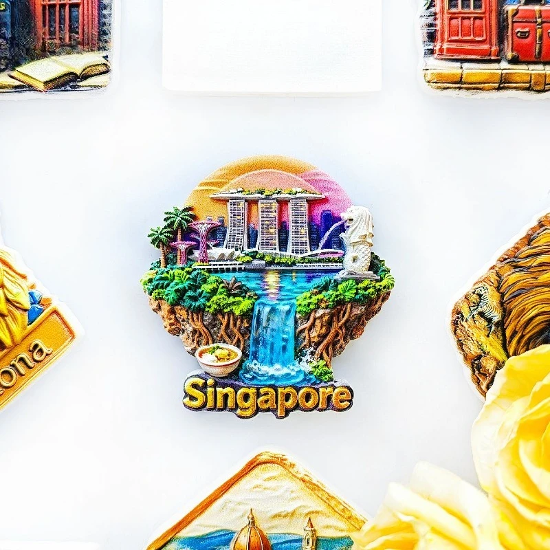 Singapore Fridge Magnet - Iconic 3D Merlion & Waterfall Souvenir Unique City Landmark Gift for Travel & Modern Home Decor
