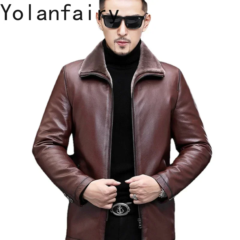 YOLANFAIRY Genuine Leather Jacket Men Midium Natural Leather and Fur Thick Winter Coat Male Clothing Jaquetas Masculina De Couro