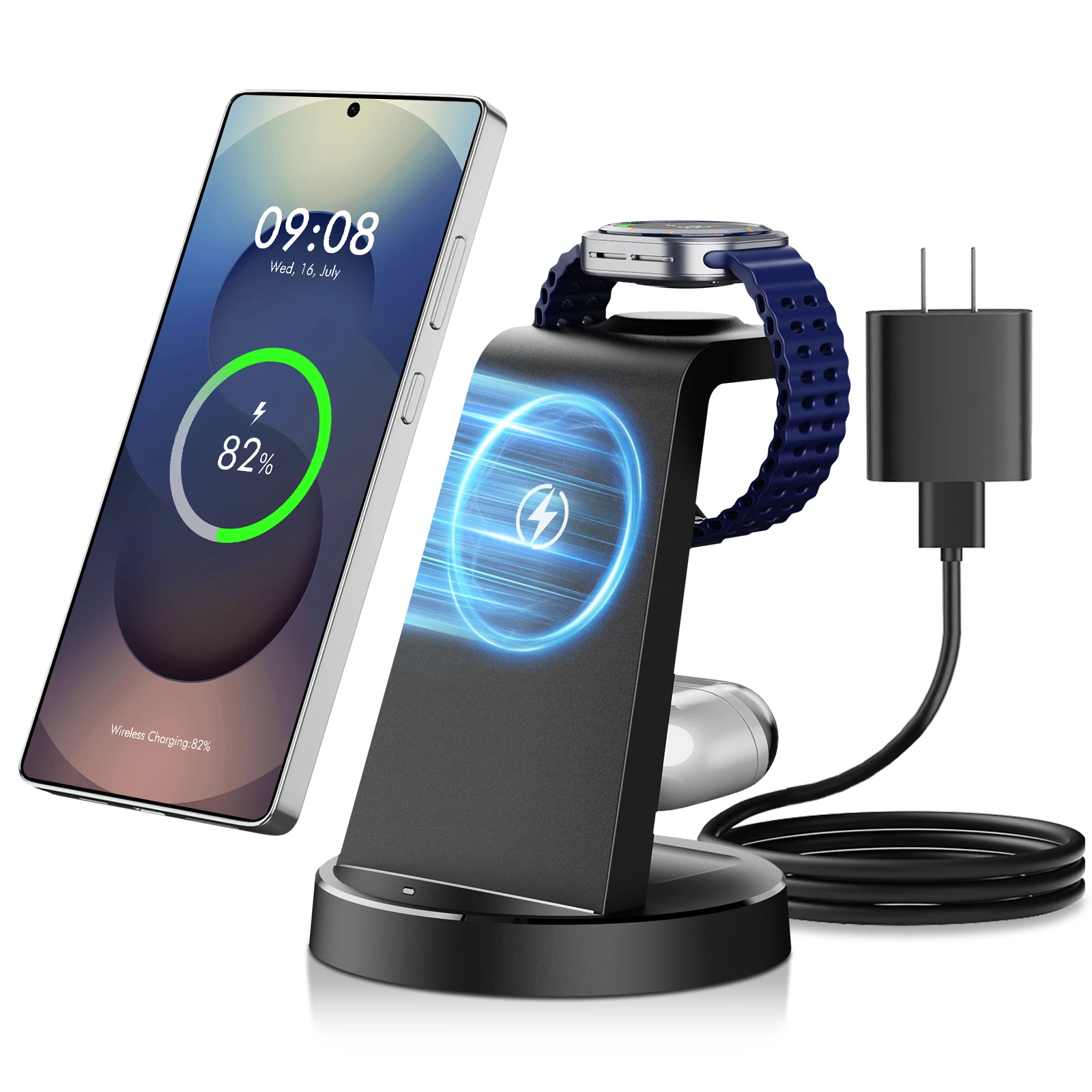 

Магнитная беспроводная зарядная станция 3-в-1, 15 Вт, складная, для быстрой зарядки нескольких устройств, для Samsung S25 S24 S23 S22, Galaxy Watch