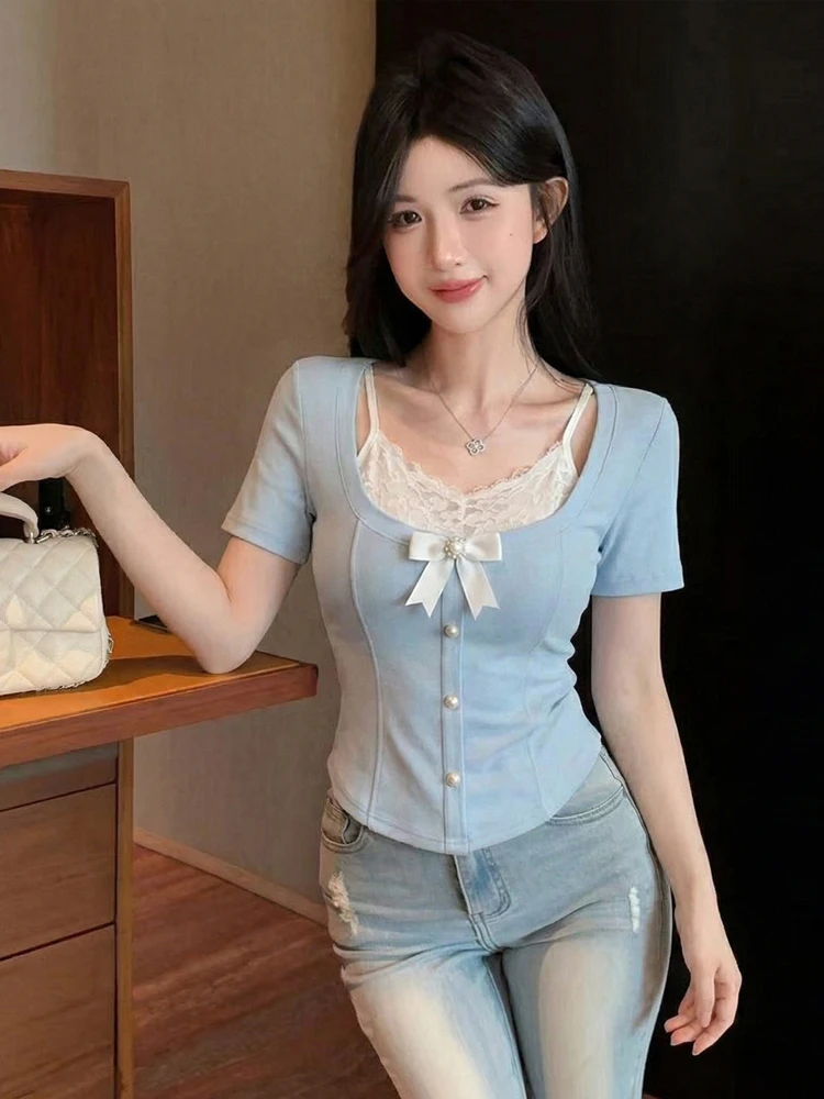 

Chic Pure Desire Sexy Short Sleeve T-Shirt Korean Style Sweet Youth Slimming Top Lace Patchwork Daily Wear for Young Girls
