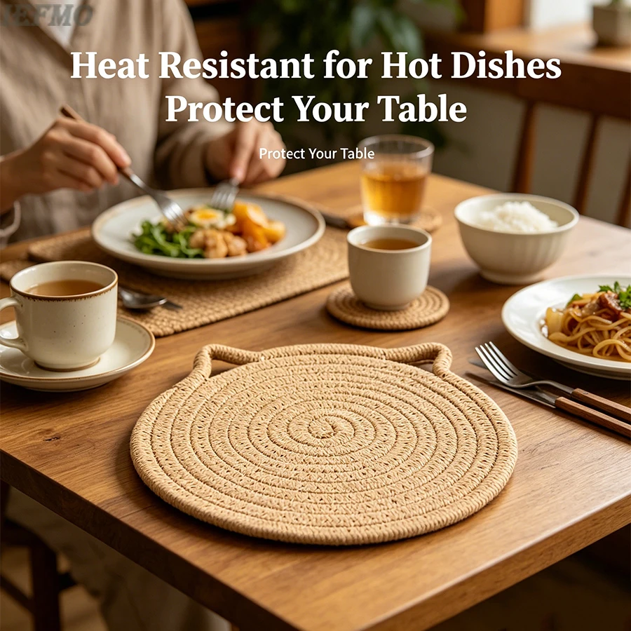 

Thick Braided Placemats Solid Color Rustic Boho Round Trivets Non-Slip Heat Insulation Padsfor Dishes&Bowls,Teacups&Glasses