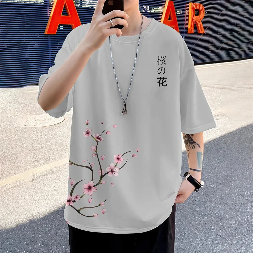 Summer New Men's T-shirt, 3D Printed Loose Cherry Blossom Pattern Casual Daily Oversized Men's Short Sleeved Minimalist Top