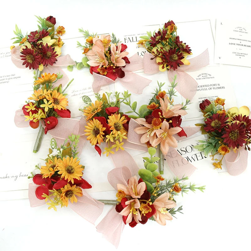 Red Rose Artificial Flower Party Home Wedding Decoration Man Wedding Boutonniere Corsage Bracelet Flowers mariage Accessories