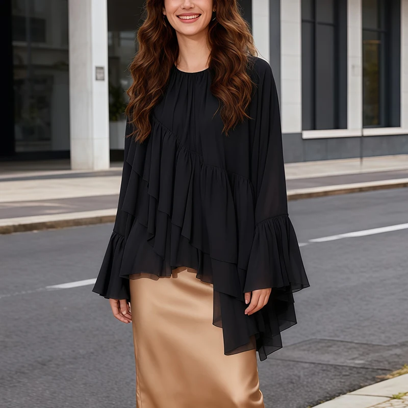 Blusa de moda para mujer con cuello redondo con volantes, mangas largas y camisa de gasa asimétrica, ropa informal de otoño e invierno