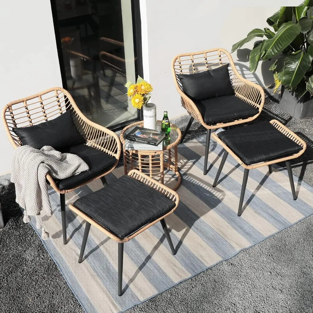 Outdoor Wicker Furniture Set,  with 2 Ottomans and Coffee Side Table, Patio Rattan Set for Balcony, Lawn, Garden, Backyard