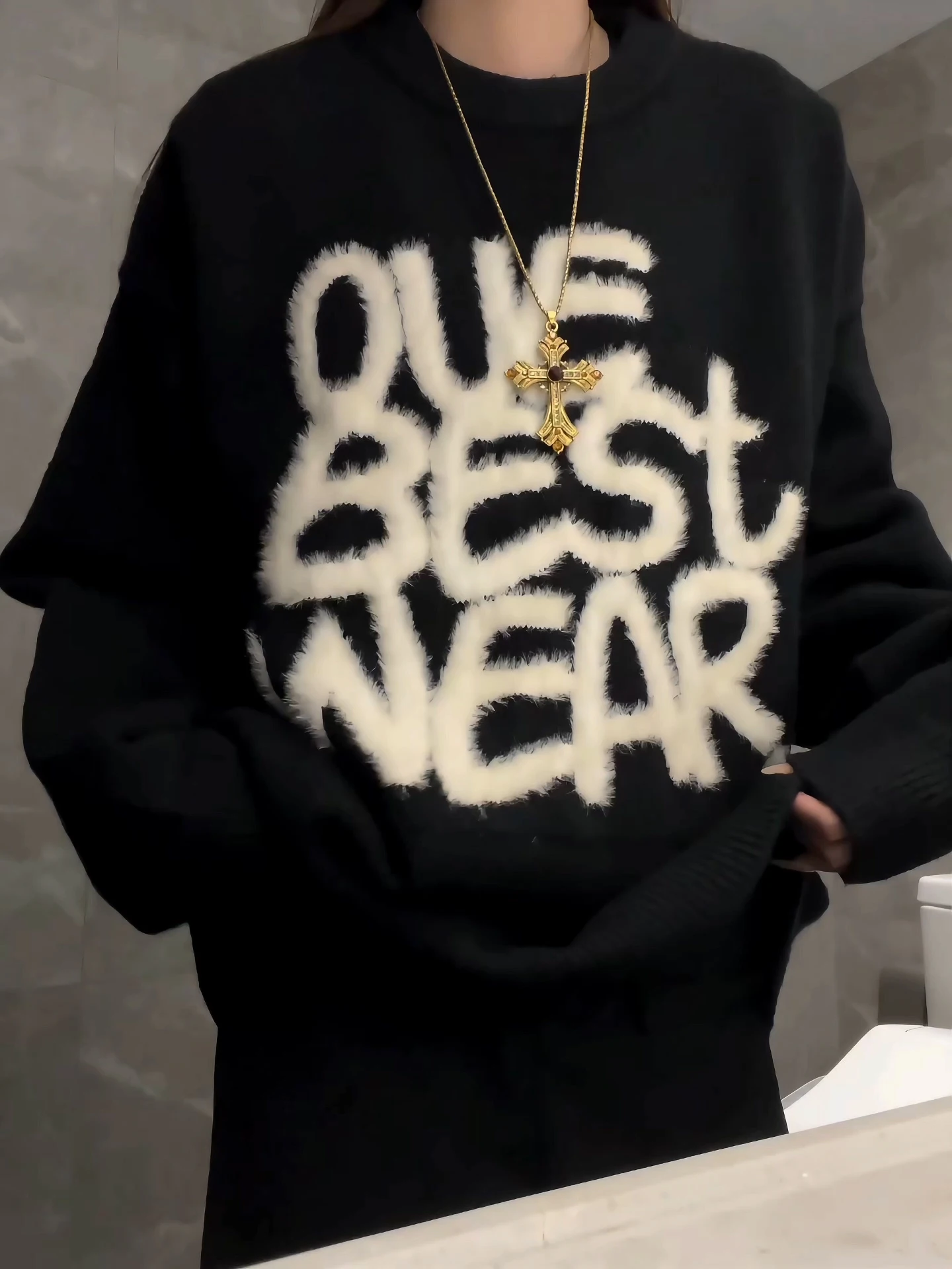 

Bla Furry Cartoon Letter Knitted Sweater Loose Lazy Sle Men Women Inner Wear Base irt American Sle Winter Long Sve