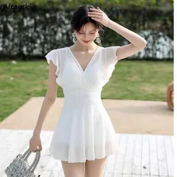 Cover-ups Women White V-neck Bodycon Simple Korean Style Beach Swimwear One-piece Summer Ulzzang Hotsweet Chic Casual Trendy BF