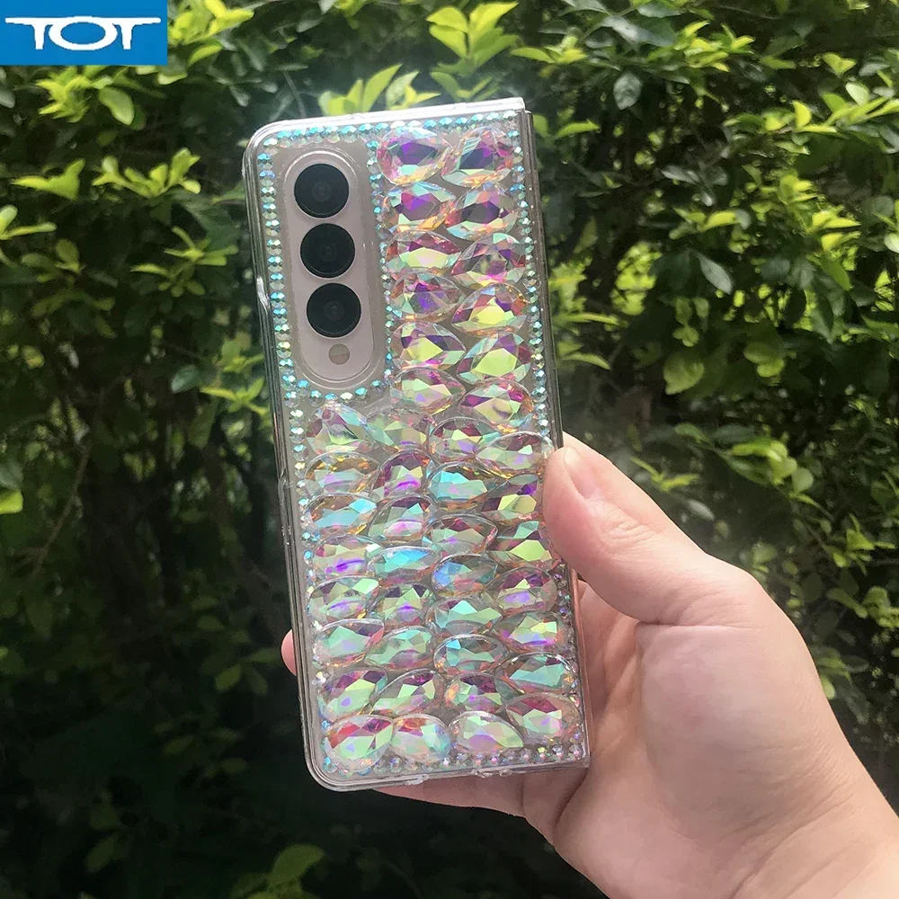 Luxo bling strass caso de telefone para samsung galaxy z fold 5 4 3 2 diy colorido gota de água diamante claro duro pc capa traseira