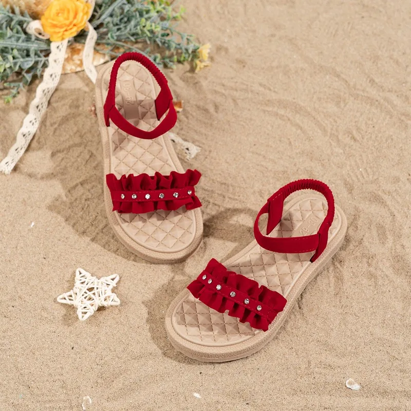 

New Kids Open-toe Sandals 2026 Summer Girls Causal Rhinestone Sandals Fashion Pleated Black Red Children's Slip-on Beach Sandals