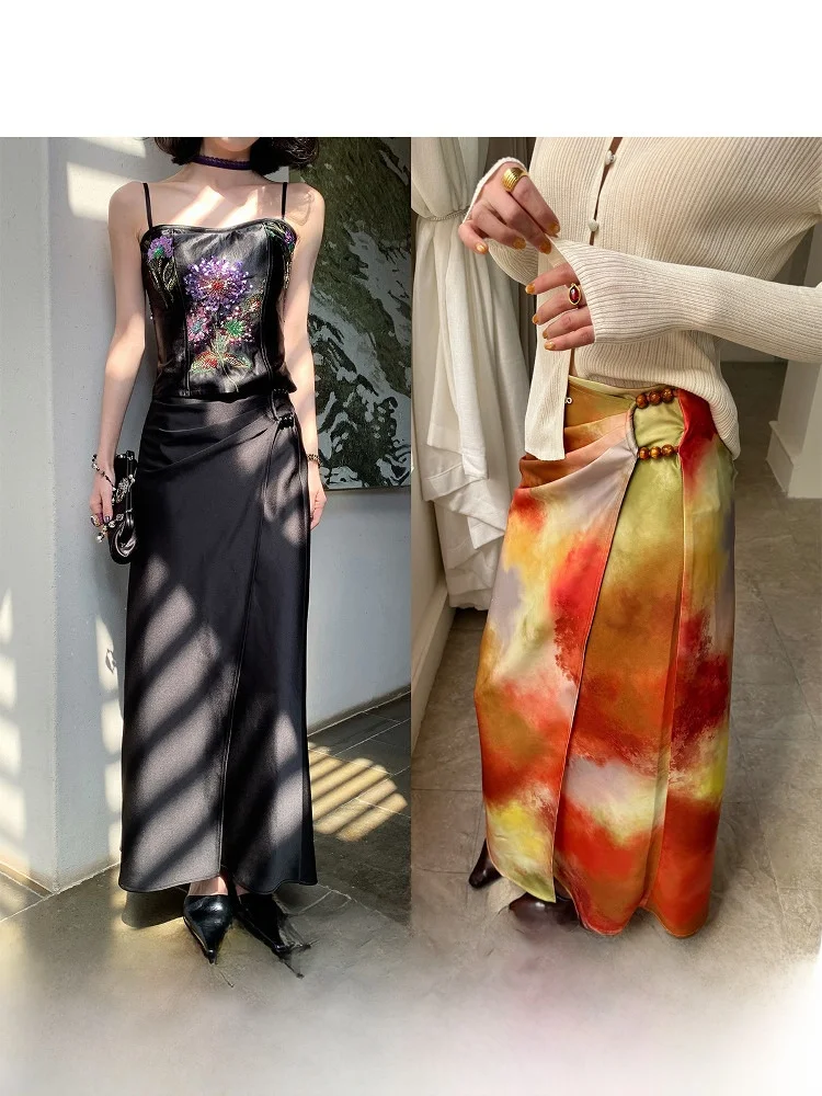 

Элегантная атласная юбка с высокой талией и плиссировкой для женщин, оригинальный дизайн, летняя мода, длинная юбка А-силуэта от Lu Qing