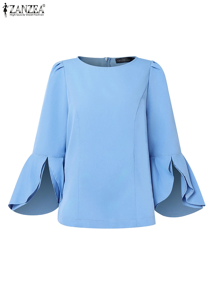 

ZANZEA O-Neck Solid Color Blouses Commute Office 3/4 Petal Sleeve Elegant Slim-Fit Tops 2025 Spring Summer Women Blusas Mujer