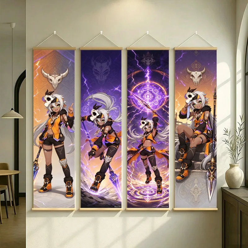 Hanging Scroll Wall Art of Genshin Impact Iansan with Glowing Purple Energy on Silver Shimmer Canvas for an Anime Bedroom