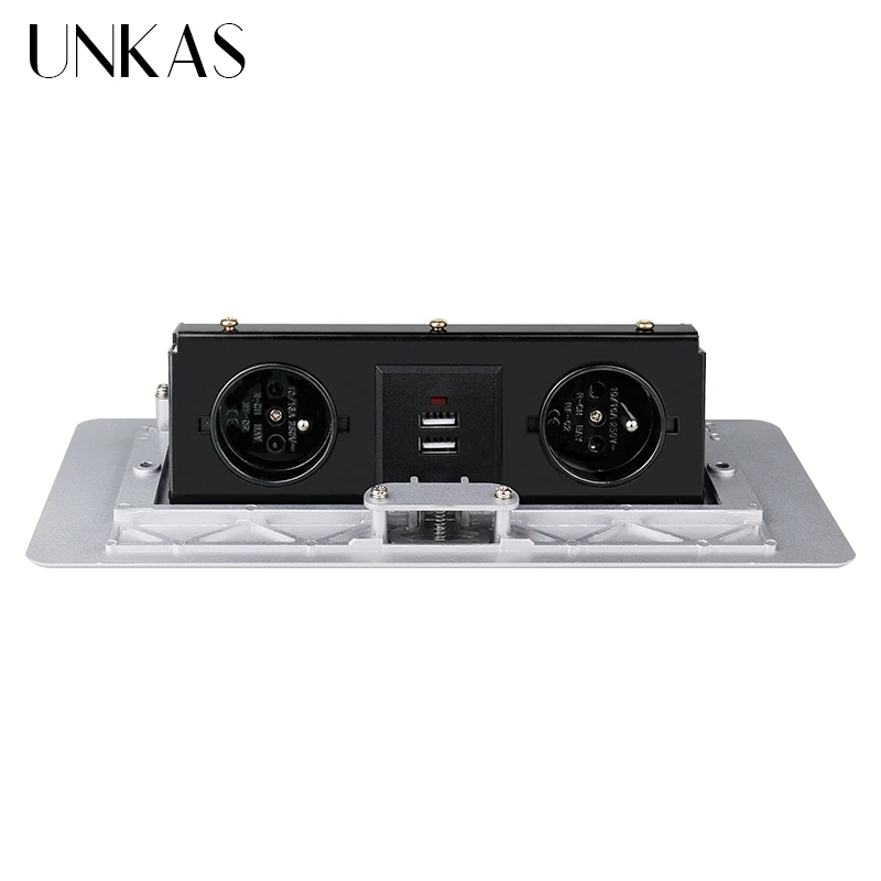 UNKAS 3 Power French Socket Dual USB Port PULL POP UP LED Silver Black Kitchen Table Desktop Plug Floor USA Thailand Outlet