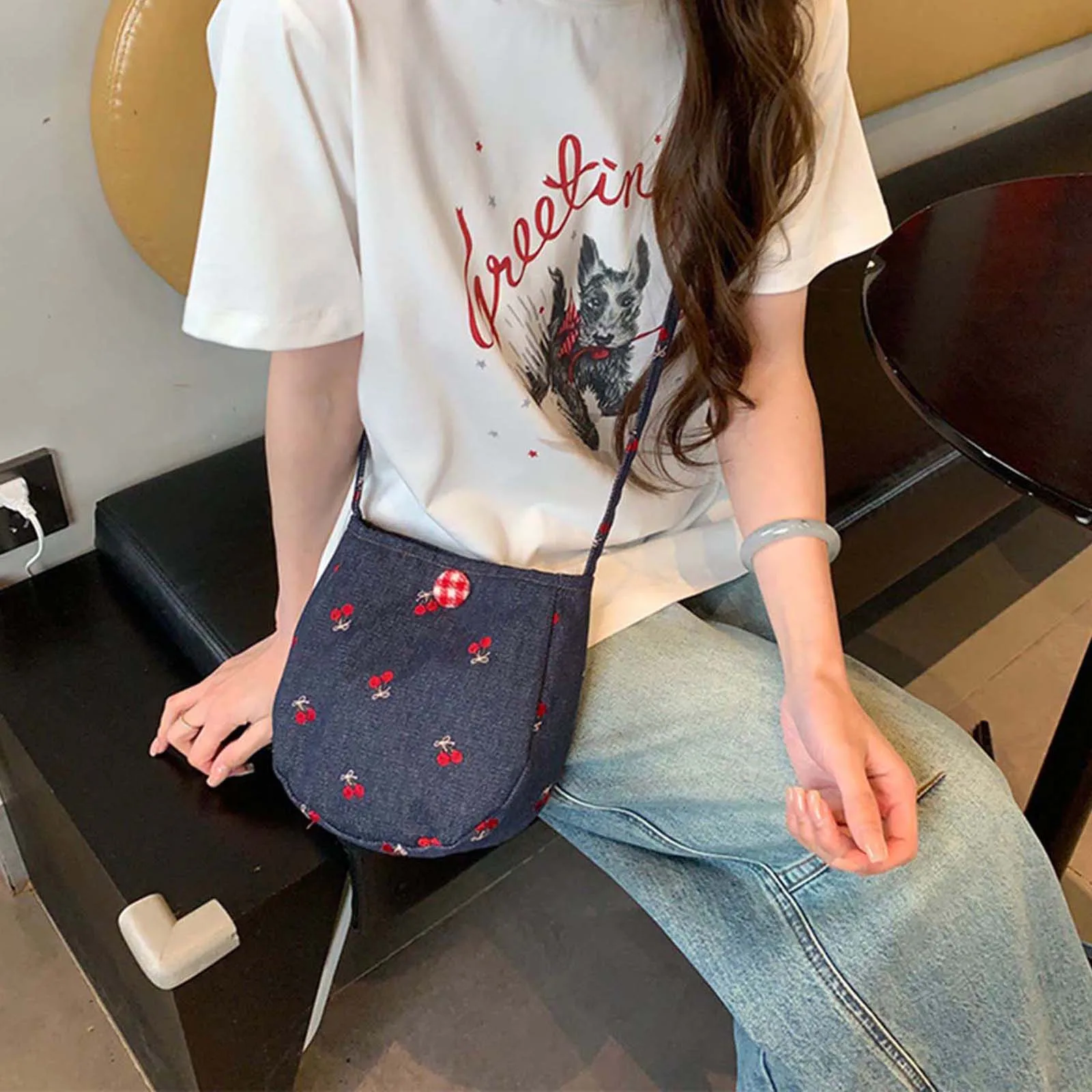 

Women Cute Denim Crossbody Bag Trendy Cherry Embroidery Small Shoulder Bag Handbag for Travel Shopping