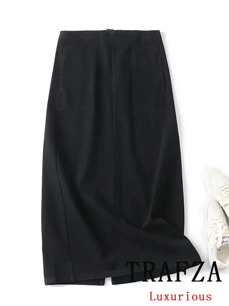 

TRAFZA Casual Vintage Chic Women Skirt Solid Denim Zipper Back Slit Straight Skirt Fashion 2024 Spring Office Lady Wear Skirt