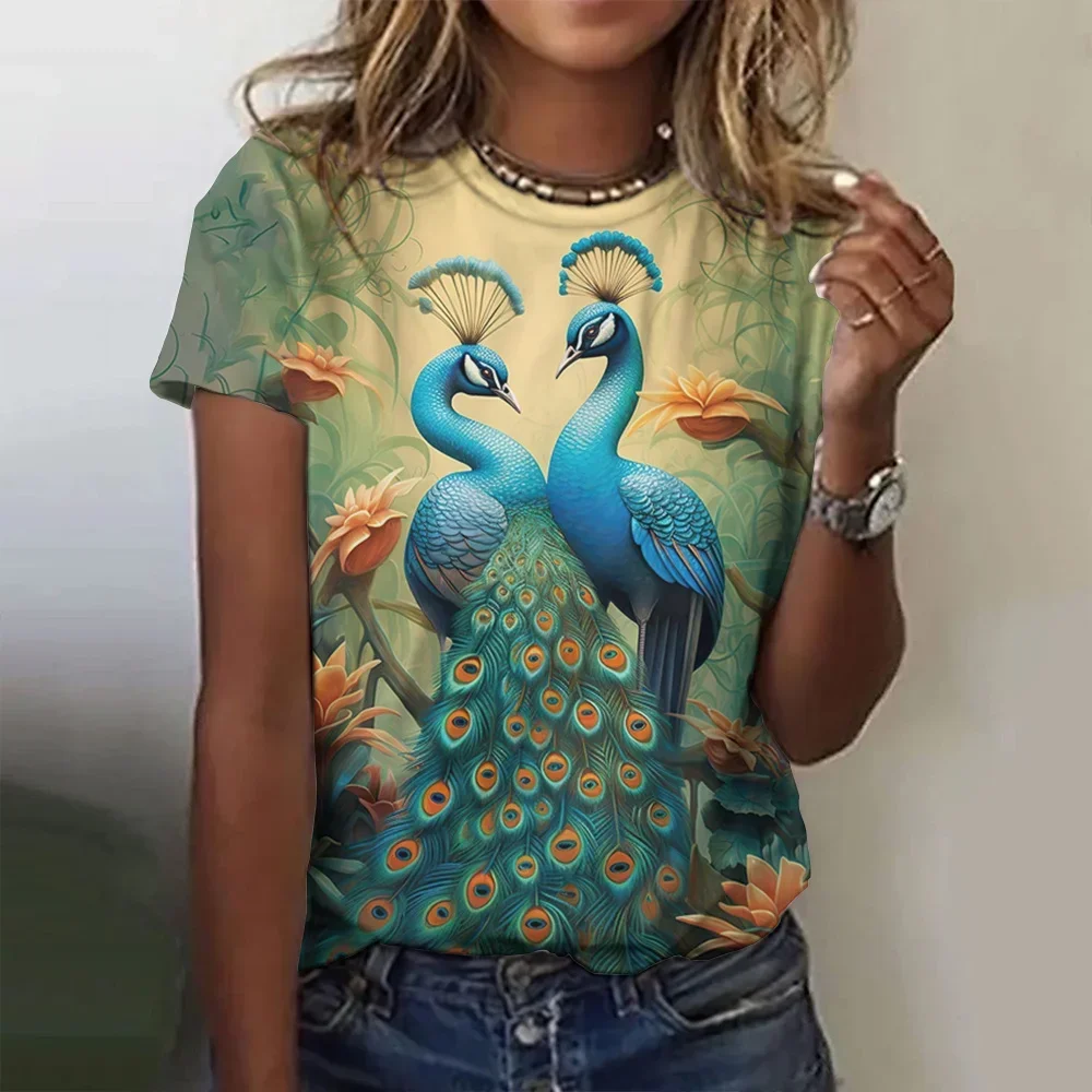 Women's Luxury T-Shirt Summer 3D Peacock Print Tops Tees Casual Short Sleeve Pullovers Oversized Fashion Tshirt Woman Clothing