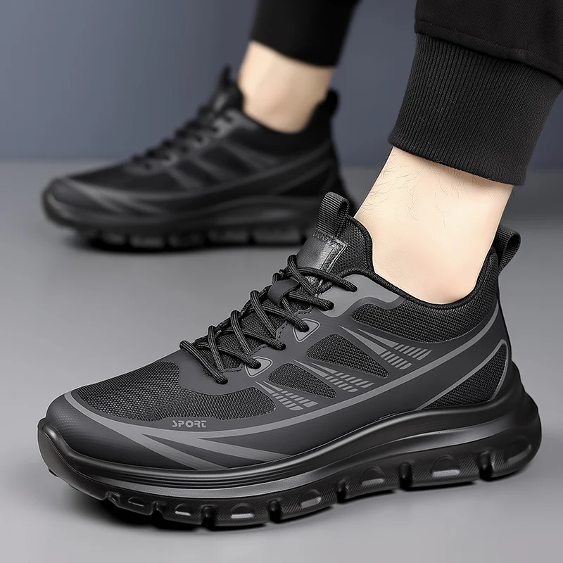 

Мужские осенние новые черные кожаные туфли — стильные кроссовки на дышащей толстой подошве, повседневные и спортивные, универсальные и легкие3