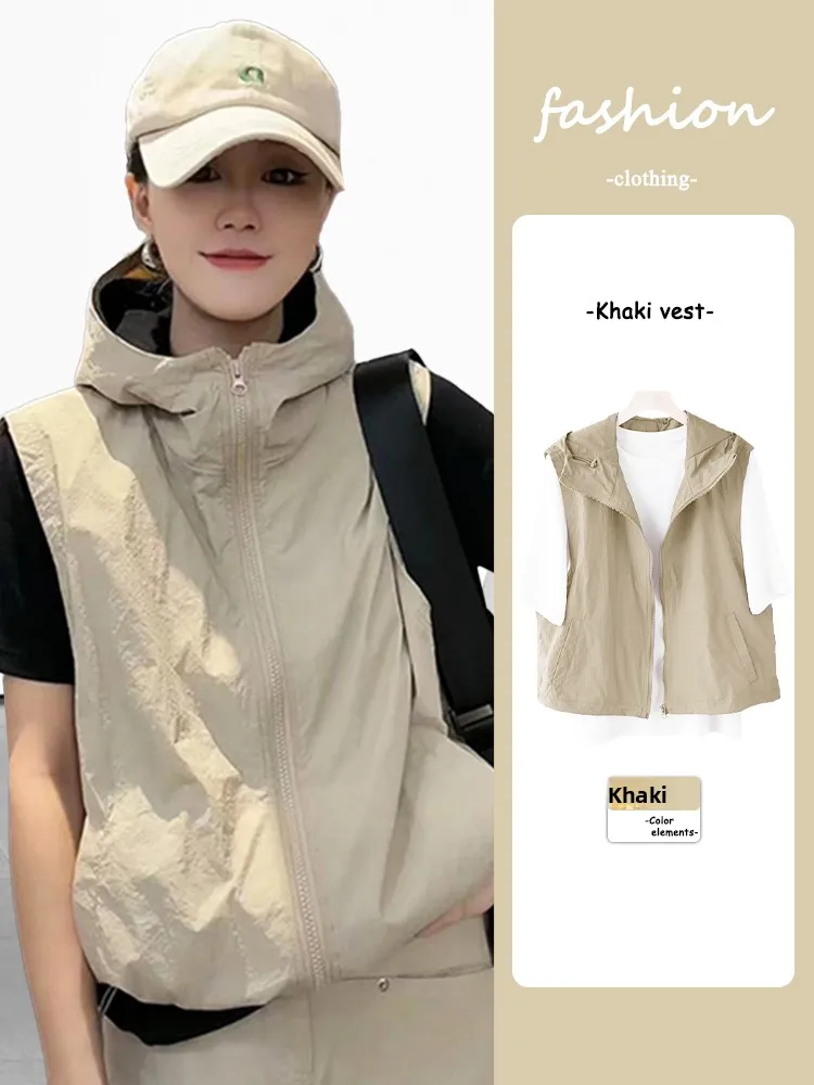 

plus Size Women's Loose Fitted Hooded Vest Summer New Fashion Color Sun Protection Light Weight Outerwear