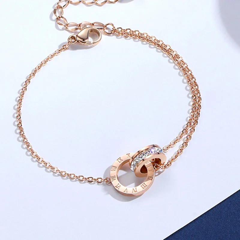 1pc Exquisite Double Ring Rome Fashion Titanium Steel Zircon Rose Gold Color Bracelet Woman Party Prom