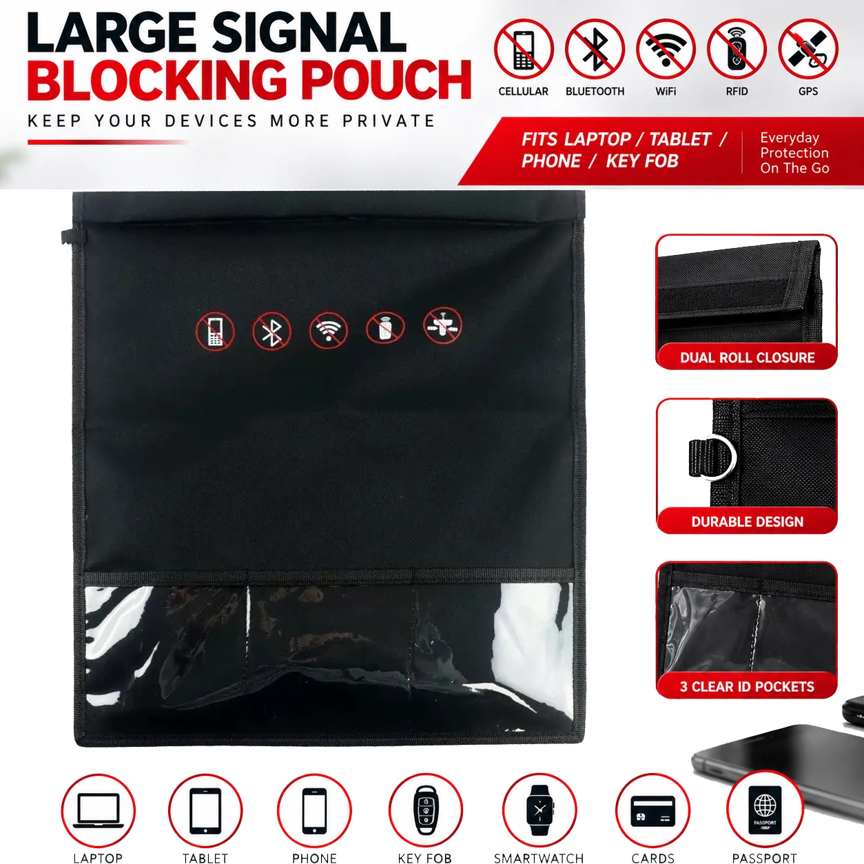 Large Faraday Signal Blocking Pouch for Laptop Tablet Phone Key Fob RFID GPS WiFi Bluetooth Privacy Storage Bag