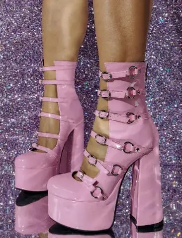 

Punk Girls Pink Black Lavender Shiny Patent Leather Round Toe Small Buckles Platform Chunky Heels Pumps Lolita Short Boots Shoes