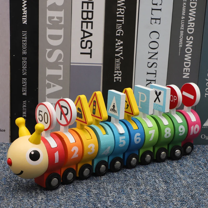 Colorful Wooden Caterpillar Train Set With Number Traffic Signs, Color Number Cognition Traffic Toy, Educational Toy As Gift