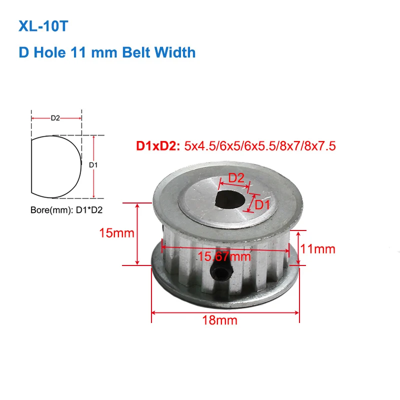 D Hole Transmission Pulleys XL-10T Timing Pulley 5x4.5/6x5/6x5.5/8x7/8x7.5mm Bore 11mm Belt Width Aluminum Alloy Gear Pulley