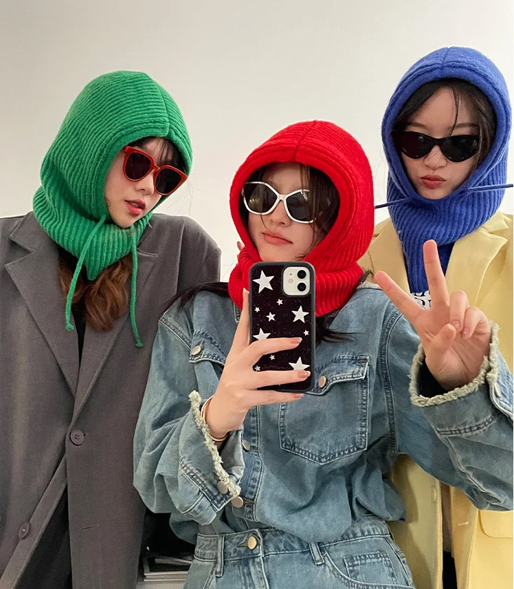 Winter-Damenhüte, Unisex, gestrickt, mit Kapuze, Halskragen, Mütze, Beanie für Männer und Frauen, einteilige Hüte mit Kordelzug, wärmende Sturmhaube – Detail 5