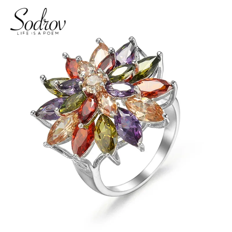 SODROV Luxury Exaggerated Crystal Rainbow Jewelry Rings for Women Engagement Wedding Colorful Zircon Flower Ring