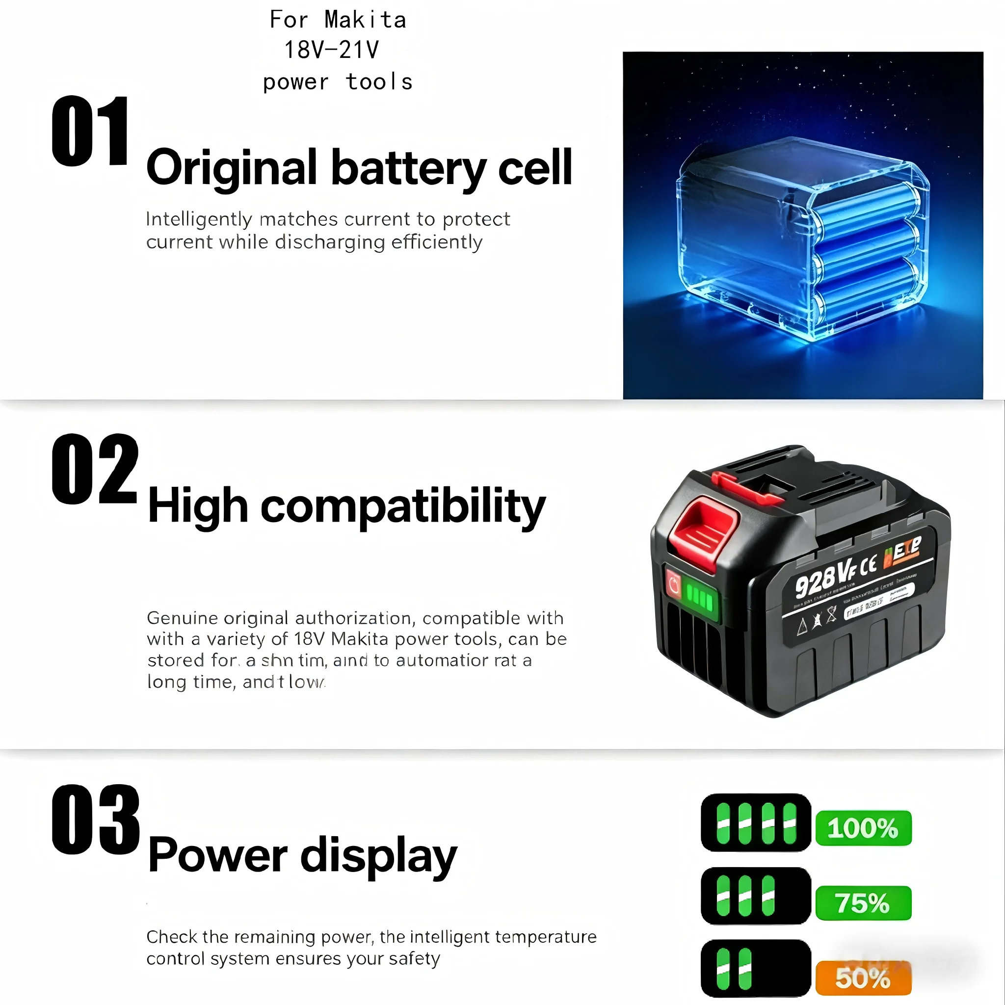 

High Performance21V 6000mAh Rechargeable Li-ion Battery Compatible with Makita BL1830 BL1840 BL1850 Outdoor Wireless Power Tools